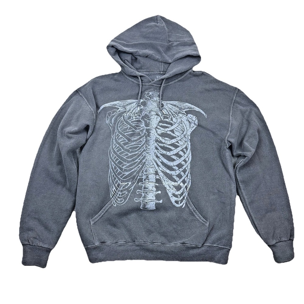 Social Collision Mens S/M Gray Skeleton Ribcage‎ Graphic Goth Hoodie Sweatshirt